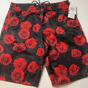 NWT Men's Floral Red and Black Board Shorts Size Medium No Liner (Z)